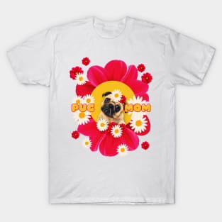 pug mom on pink flowers T-Shirt